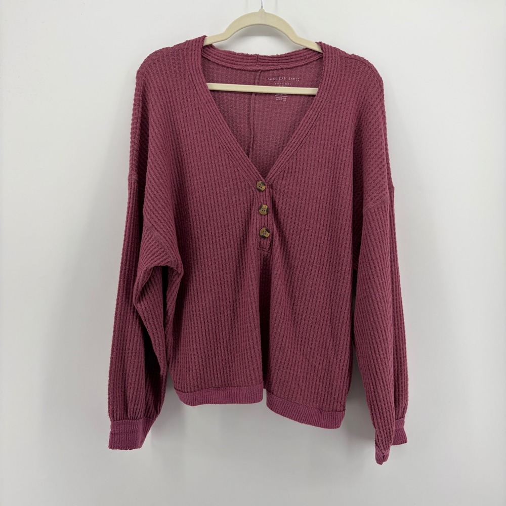 American Eagle Womens L/XL Berry Waffle Knit Soft & Sexy Plush Henley Top